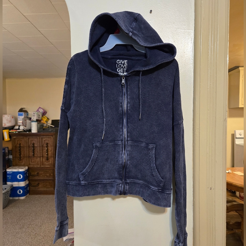 NWT Betsey Johnson navy blue acid wash full zip up hoodie jacket size small